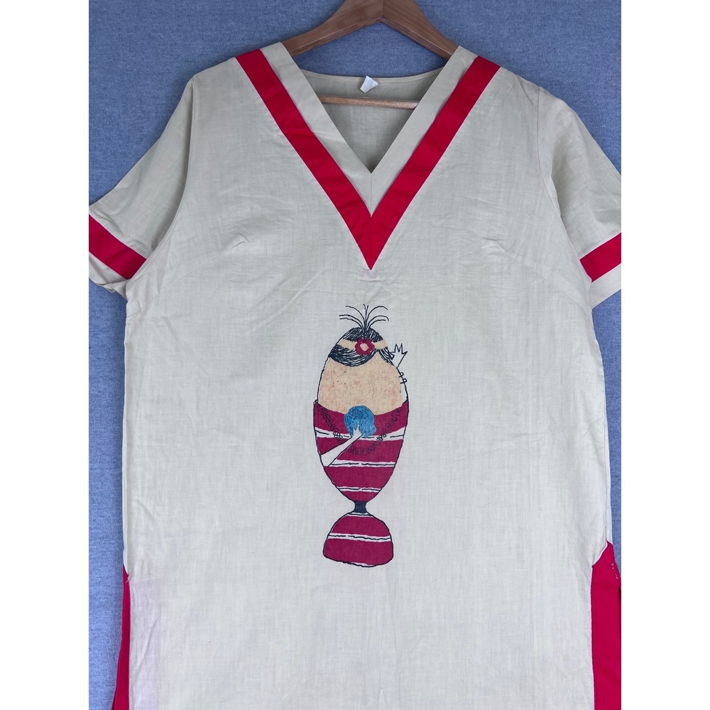 Vintage Schrank Tan Red Trim Whimsical‎ Graphic Kaftan Nightgown Dress Large
